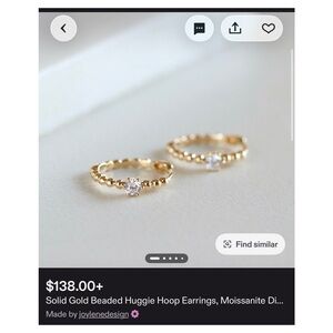 Gold Beaded Huggie Hoop Earrings with Moissanite 8mm 14k gold